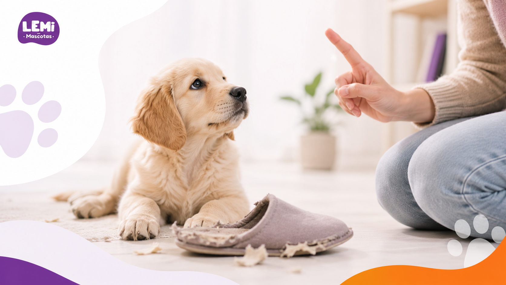Cachorro junto a una zapatilla mordida durante una corrección educativa en Lemi Mascotas