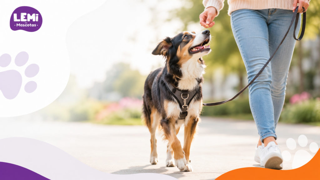 Perro caminando con arnés y correa junto a su dueña durante un paseo tranquilo