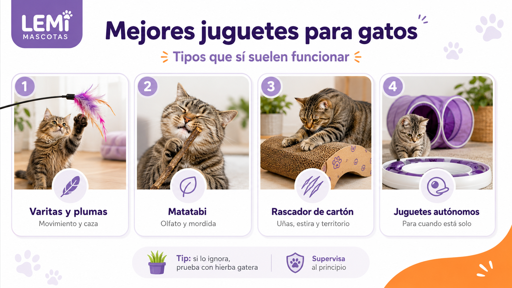 Infografía sobre los mejores tipos de juguetes para gatos como varitas, matatabi, rascadores y juguetes autónomos