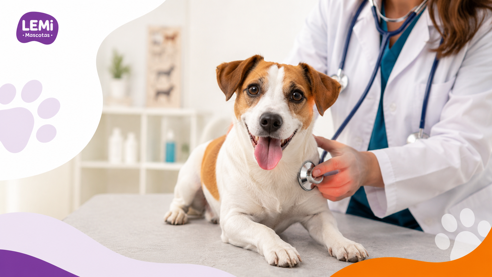 Veterinaria realizando una revisión anual a un perro en la consulta