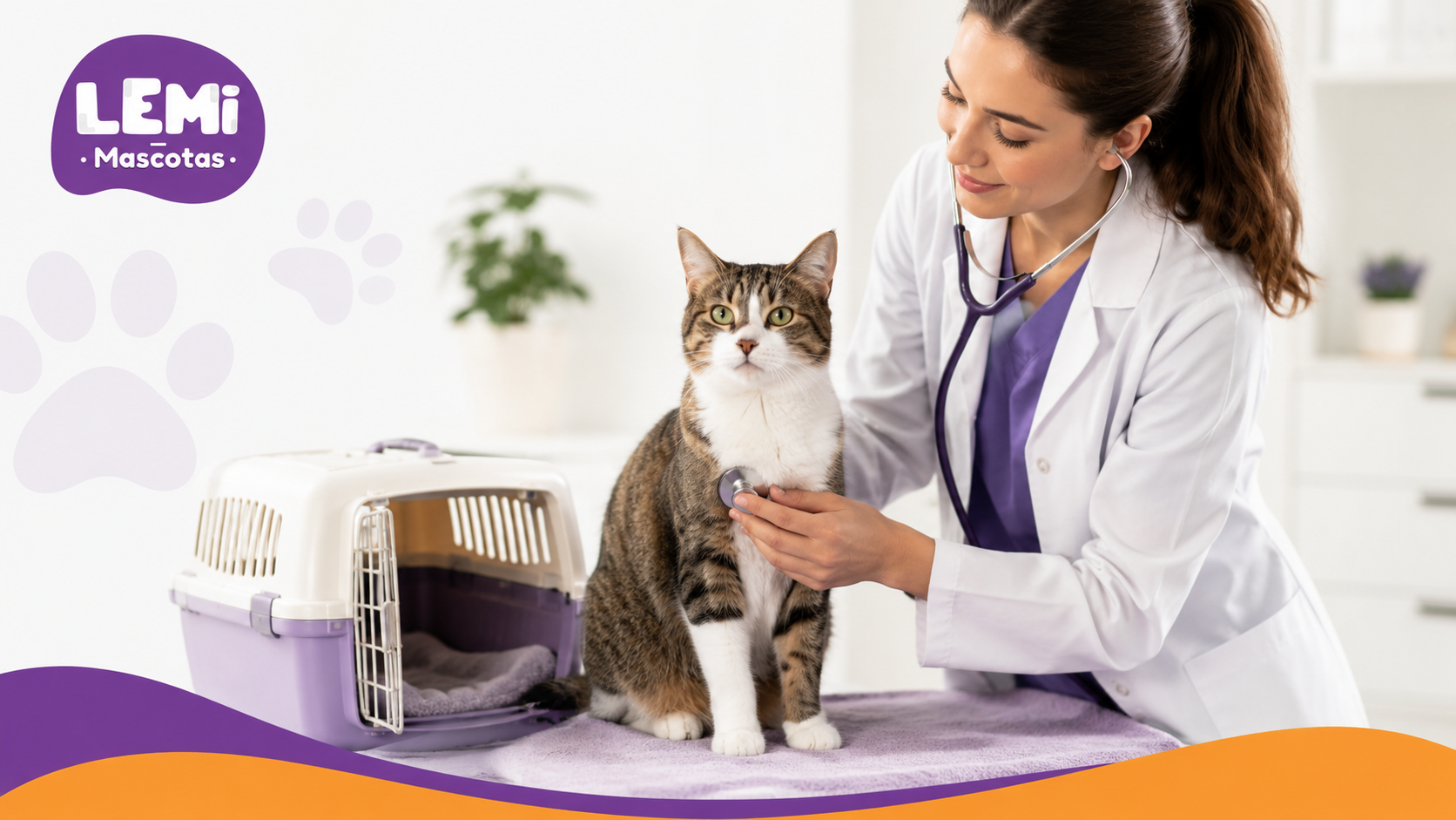 Veterinaria realizando una revisión anual a un gato junto a su transportín