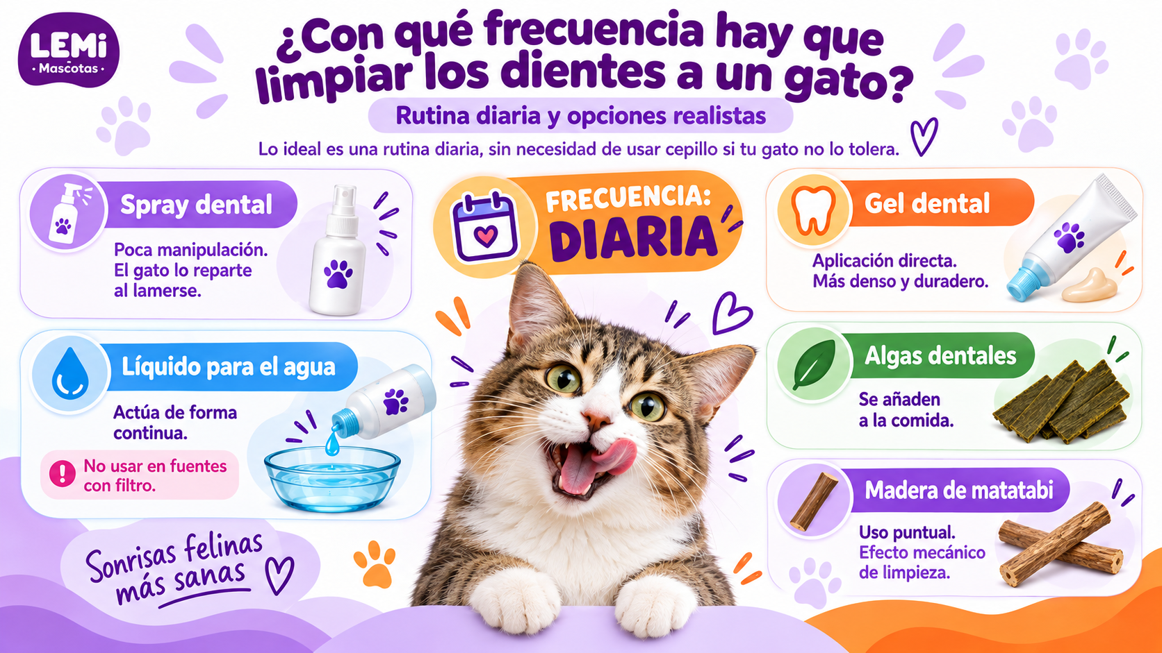 Infografía sobre la frecuencia y opciones para la limpieza dental diaria en gatos