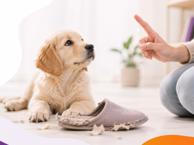 Cachorro junto a una zapatilla mordida durante una corrección educativa en Lemi Mascotas